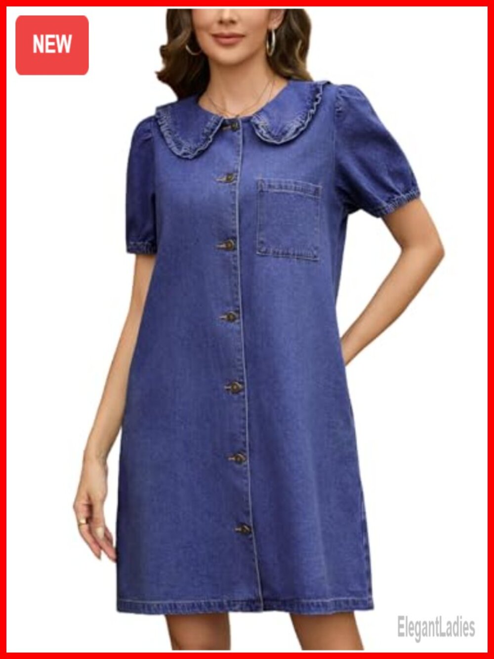 Denim Babydoll Mini Dress Puff Sleeve Peter Pan Collar A-Line